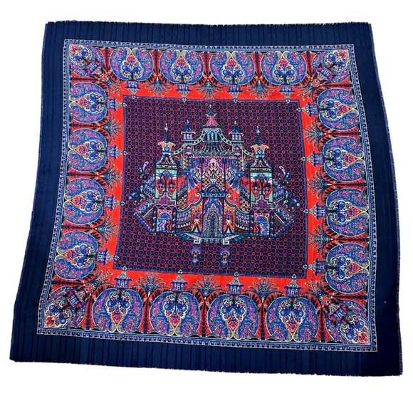 Vintage Square Blue & Red Scarf Shawl Head Cover 46 x 46" Fringed Oriental Vibes - Picture 3 of 5